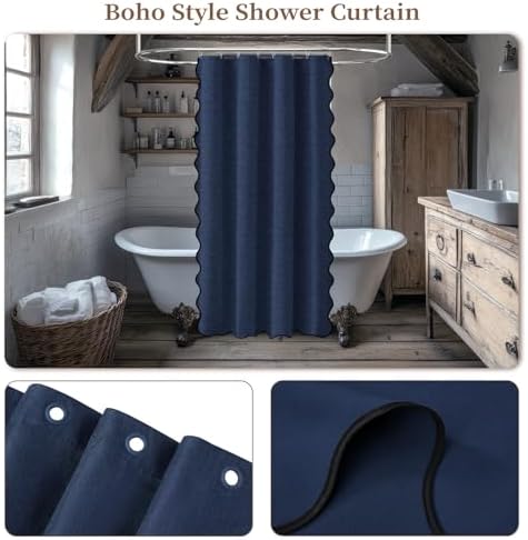 BTTN 48x72 Boho Scalloped Linen Textured Cloth Shower Curtain, Navy Blue