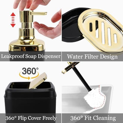 XLHOMO Bathroom Set - Black Bathroom Accessories Set, Bathroom Sets with Shower Curtain and Rugs, Black Shower Curtain Set with Bathroom Trash Can, Soap Dispenser, Soap Dish for Home Decor