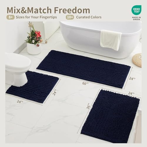 Bathroom Rugs Non Slip Washable 55x24, Extra Thick Soft Chenille Absorbent Bath Mat, High Density Barrier Non Slip Backing, Quick Dry Plush Shaggy Floor Carpet for Tub&Shower, Navy