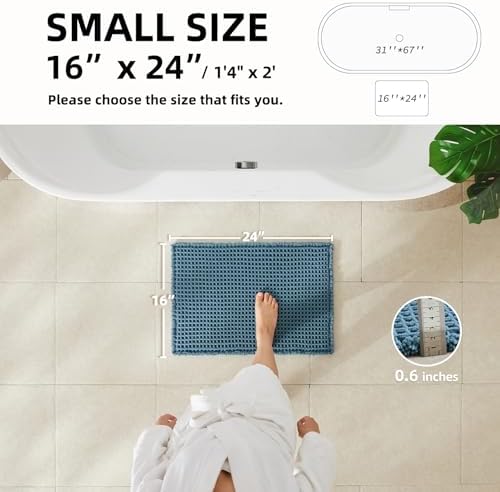 TYUU Waffle Bath Mat, Small Boho Bathroom Rugs Non Slip 24x16 Denim Blue