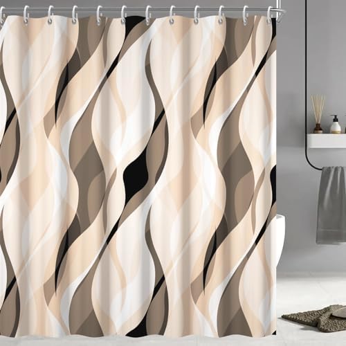 Cream Striped Shower Curtain with Hooks for Bathroom 72x84 Inch