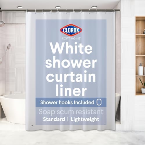 Clorox Shower Curtain Liner & Hooks, Premium Lightweight Flexible Waterproof 4g PEVA for Bathroom with Weighted Magnets, Standard Size 70" x 72", White 1 Pack