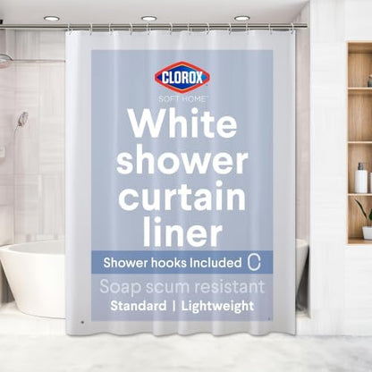 Clorox Shower Curtain Liner & Hooks, Premium Lightweight Flexible Waterproof 4g PEVA for Bathroom with Weighted Magnets, Standard Size 70" x 72", White 1 Pack
