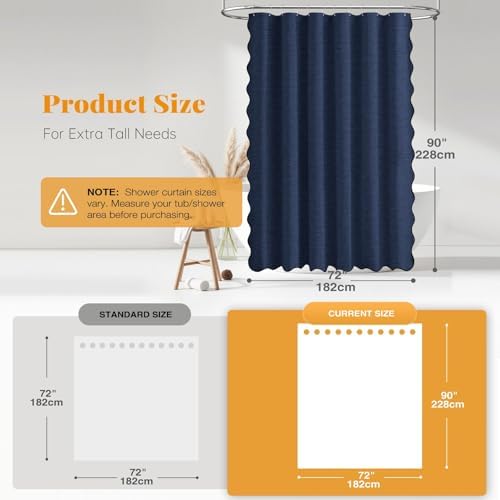 BTTN 72x90 Boho Scalloped Linen Textured Cloth Shower Curtain, Navy Blue