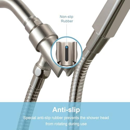 OFFO Shower Head Holder All Metal for Handheld Shower Head, Brushed Nickel Adjustable Shower Arm Mount with Solid Brass Pivot Ball, 1/2 in IPS Female Inlet and Male Outlet