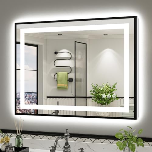 40x30 Inch LED Bathroom Mirror with Black Frame, Backlit & Front Lit