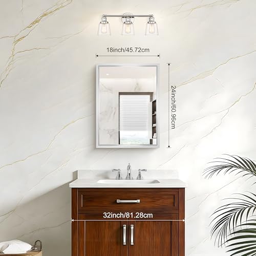 18 x 24 inch Brushed Silver Bathroom Mirror, Metal Framed Rectangle Mirror, 0.6" Thickened Deep Frame Mirrors for Living Room Bedroom Entryway, Tempered Glass, Antirust, Horizontal or Vertical