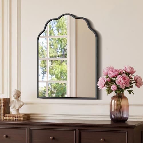 Arched Scalloped Mirror, 18×24Inch Black Mirror for Bathroom, Wavy Wall Mounted Vanity Mirror with Aluminum Alloy Frame for Livingroom Bedroom and Entryway, Tempered Glass