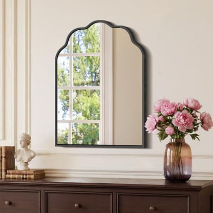 Arched Scalloped Mirror, 18×24Inch Black Mirror for Bathroom, Wavy Wall Mounted Vanity Mirror with Aluminum Alloy Frame for Livingroom Bedroom and Entryway, Tempered Glass