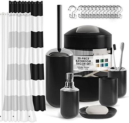 Clara Clark Bathroom Set - Black Bathroom Accessories Set, 20PC Bathroom Accessory Set, Shower Curtain Set, Soap Dispenser, Toilet Brush, & Trash Can