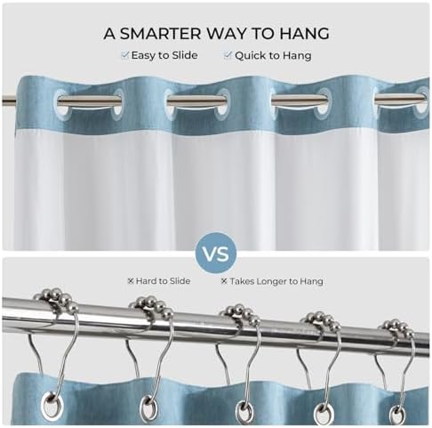River Dream Linen Textured No Hooks Shower Curtain with Liner,Blue,71x74