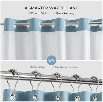 River Dream Linen Textured No Hooks Shower Curtain with Liner,Blue,71x74