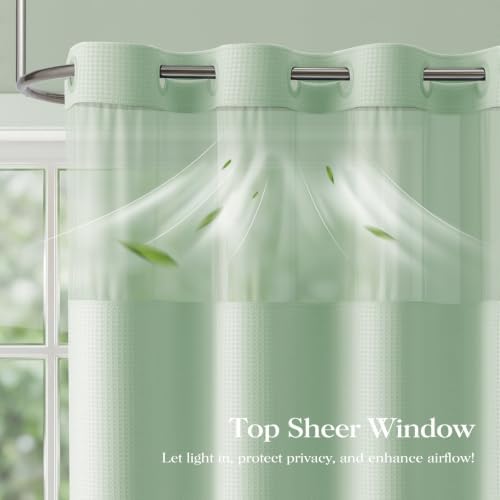 Dynamene Mint Green Hook Free Waffle Shower Curtain & Snap-in Liner,72x87
