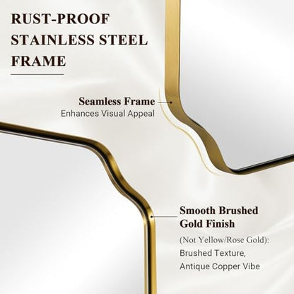 ANDY STAR Brushed Gold Scalloped Bathroom Mirror, 26"x38" Rectangle Mirror