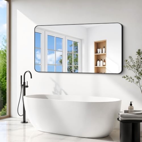 BONEWEI 66x36 inch Large Bathroom Mirror,Black Rectangle Mirror,Wall Mounted Bathroom Frame Vanity Mirror with Round Corner for Bedroom Living Room, Entryway Hangs Horizontal or Vertical