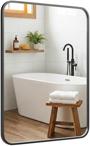 24x36 Inch Matte Black Rounded Rectangle Bathroom Vanity Mirror