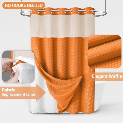 No Hook Shower Curtain with Liner Set Hotel Waffle Curtain Orange 72W X 75L