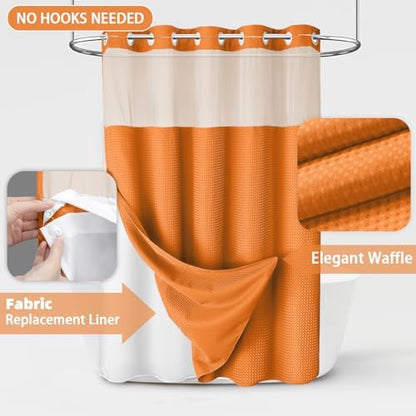 No Hook Shower Curtain with Liner Set Hotel Waffle Curtain Orange 72W X 75L