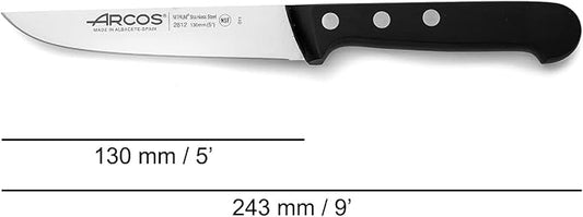 Arcos Kitchen Knife 5 Inch Nitrum Stainless Steel and 130 mm blade. Professional Utilty Knife. Ergonomic Polyoxymethylene POM Handle. Series Universal. Color Black