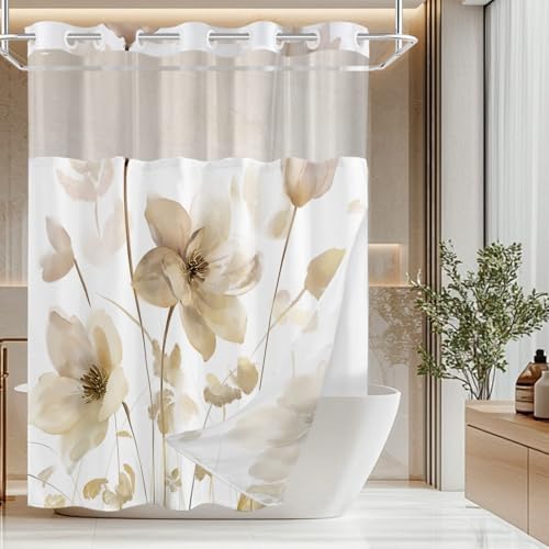 No Hook Shower Curtain and Liner Set, Yellow Boho Floral 71x74