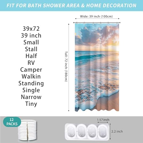 Ocean Beach Coastal Nautical Summer Sunset Small Stall RV Half Size Shower Curtain for Bathroom 39W*72H Inch Seaside Seacoast Beachy Waves Bathtub Decor Seascape Neutral Waterproof Polyester Fabric