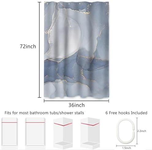 AWERT Small Half Size Stall Shower Curtain with 6 Hooks Shower Stall Curtain 36 x 72 Light Blue Marble Gold 36 inch Shower Curtain for Bathroom/RV and Camper (Blue Marble)