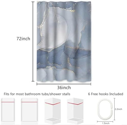 AWERT Small Half Size Stall Shower Curtain with 6 Hooks Shower Stall Curtain 36 x 72 Light Blue Marble Gold 36 inch Shower Curtain for Bathroom/RV and Camper (Blue Marble)