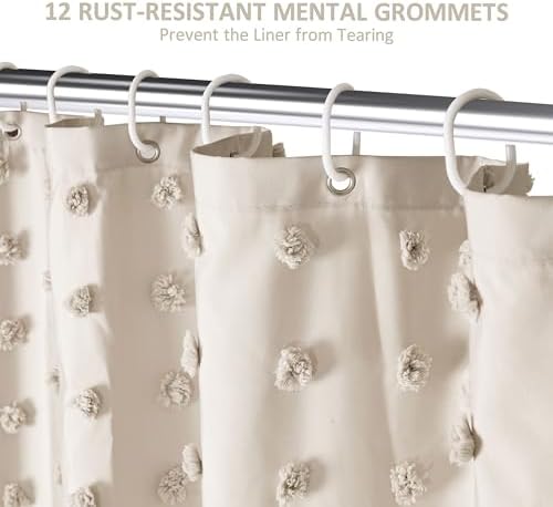 Siiluminisoy Boho Farmhouse Natural Shower Curtain Woven Fabric Shower Curtain, 72 x 72 Tufted Pleat Floral Puffs Textured Modern Farmhouse Minimalist Shower Curtain Set with Hooks for Bathroom