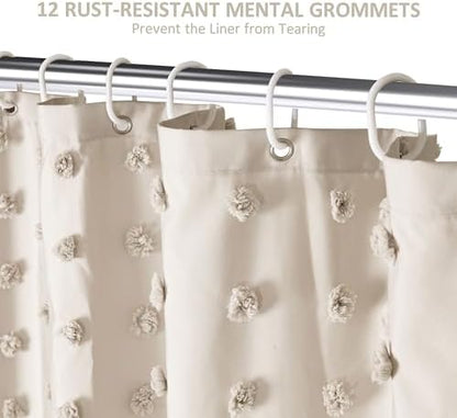 Siiluminisoy Boho Farmhouse Natural Shower Curtain Woven Fabric Shower Curtain, 72 x 72 Tufted Pleat Floral Puffs Textured Modern Farmhouse Minimalist Shower Curtain Set with Hooks for Bathroom