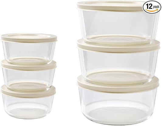 12-Piece Glass Food Storage Containers Set (6 Containers + 6 BPA-Free Lids) | 2-Cup & 4-Cup, Leakproof | Microwave, Freezer, Oven & Dishwasher Safe | Ideal for Meal Prep & Pantry Organization, Beige