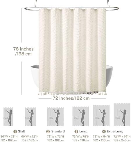 Siiluminisoy Farmhouse Boho Shower Curtain, Woven Fabric Cream Long, 72 x 78, Tufted Chevron Striped Modern Chic Textured Minimalist Bathroom Curtain