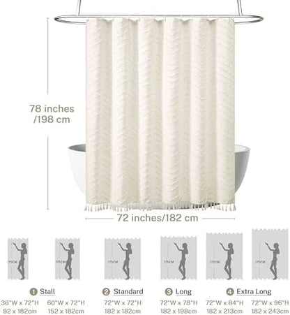 Siiluminisoy Farmhouse Boho Shower Curtain, Woven Fabric Cream Long, 72 x 78, Tufted Chevron Striped Modern Chic Textured Minimalist Bathroom Curtain