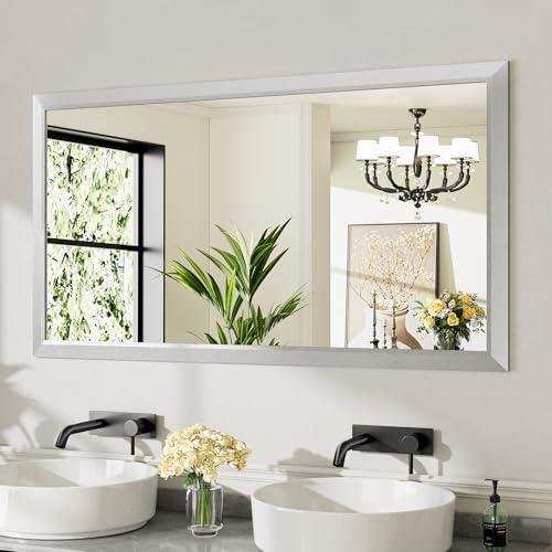 Briivue Bathroom Wall Mirror, Silver Brushed Nickel Metal Frame, 55x30 Inch
