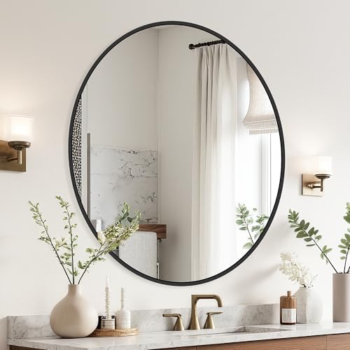 Delma 26 Inch Black Round Circle Mirror for Bathroom Wall, Metal Frame