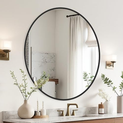 Delma 26 Inch Black Round Circle Mirror for Bathroom Wall, Metal Frame