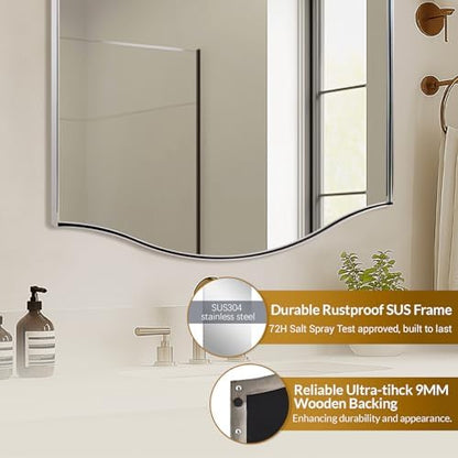 ANDY STAR Polished Chrome Bathroom Mirror, 22"x30" Scalloped Wall Mirror in Stainless Steel Metal Frame, Unique Vanity Mirror with Modern Curved Edge Design, Ideal for Bathroom, Bedroom, Entryway
