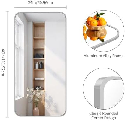 FORBATH 24x48 Inch Silver Bathroom Mirror for Over Sink, Narrow Rectangular Full Length Mirror with Metal Frame, Rounded Corners for Bathroom, Bedroom, Entryway Decor (Horizontal or Vertical)