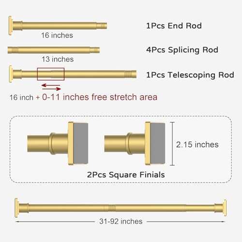UIOSANRT Tension Shower Curtain Rod 31-92 Inches Non-Slip Shower Rod Tension Mounted No Drill Gold Shower Curtain Rods Spring Tension Rod for Windows Bathroom