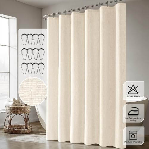 ANRODUO Cream White Extra Long Linen Fabric Shower Curtain Set - W72xL108