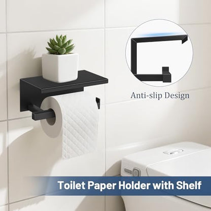TURS 5-Pieces Matte Black Bathroom Hardware Accessories Set 23.6" Towel Bar Set Wall Mounted Square Toilet Paper Holder with Shelf Stainless Steel