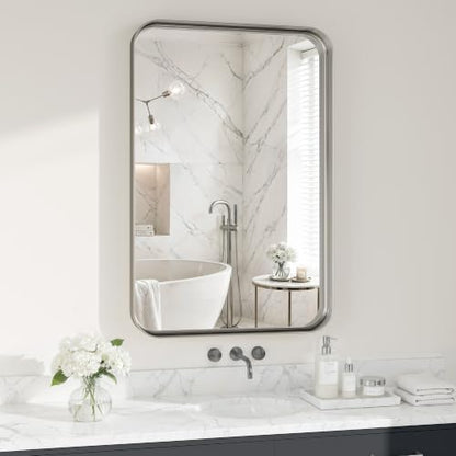 Silver Bathroom Mirrors for Over Sink,24X36 Inch Matte Metal Framed Vanity Rounded Rectangle Vanity Mirror, HD Tempered Glass, Anti-Rust, Horizontally or Vertically Hanging