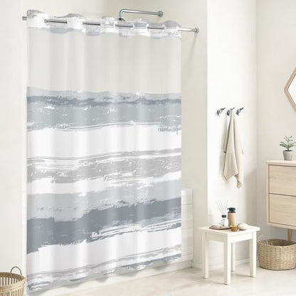 No Hook Shower Curtain with Liner, Grey Stripe, 71x74 Inch