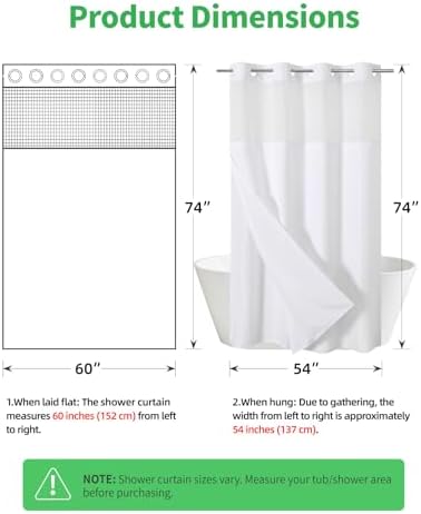 eachope No Hook Linen Texture Shower Curtain with Snap-in Liner,60x74 White