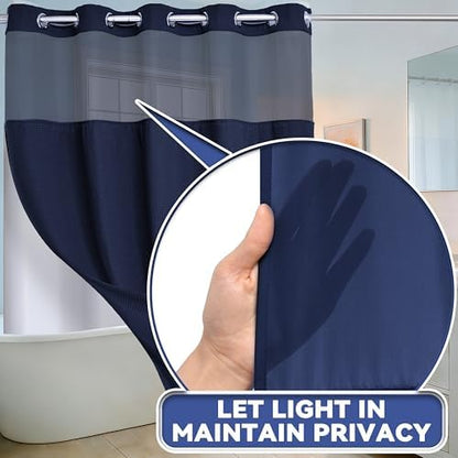 Conbo Mio Extra Long No Hook Waffle Weave Shower Curtain with Snap in Liner Set, Hotel Luxury Navy Blue Shower Curtains for Bathroom with See Through Top Window, Waterproof, Washable 71W x 84H