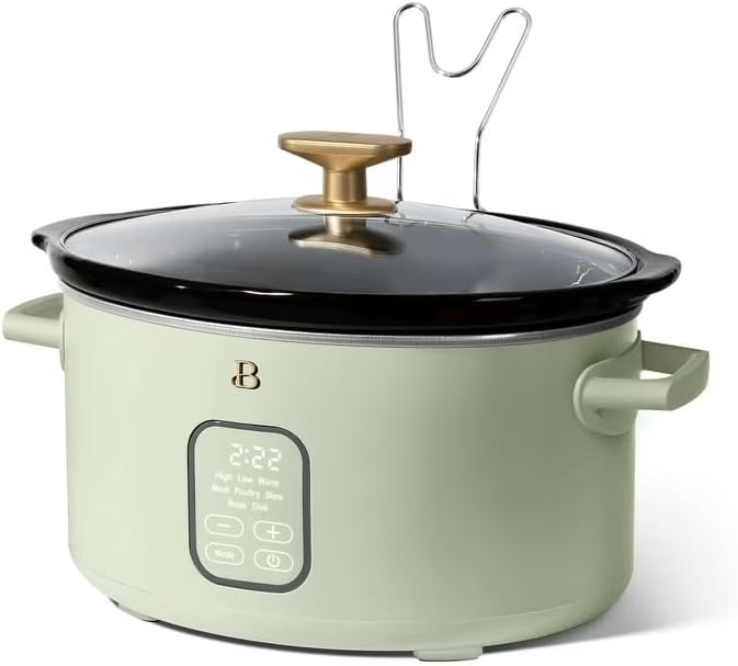 B 6 Qt Programmable Slow Cooker with Digital Timer, 5 Cooking Functions, Removable Ceramic Pot, Tempered Glass Lid, Dishwasher Safe (Sage Green)