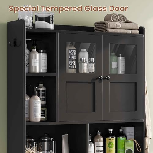 Itaar Over The Toilet Storage Cabinet, Over Toilet Bathroom Organizer with Glass Doors & Toilet Paper Holder Stand, Home Space-Saving Toilet Rack, for Bathroom, Restroom, Laundry(Black)
