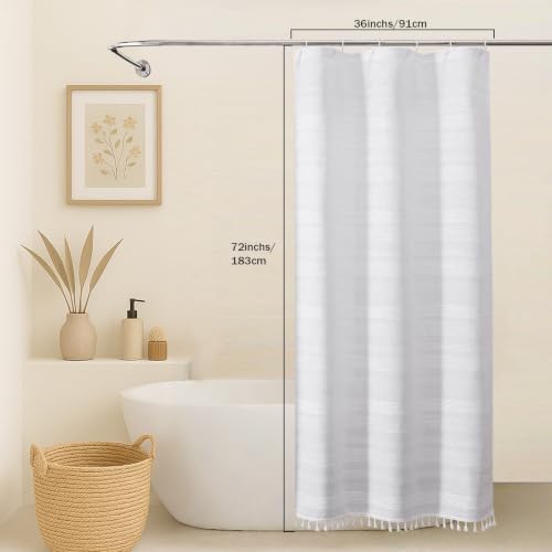 OVZME White Boho Stall Shower Curtain, Narrow Soft Fabric Striped Textured Bathroom Shower Curtain with Tassel, Modern Farmhouse Machine Washable Bath Decor, White, 36Wx72L Inches
