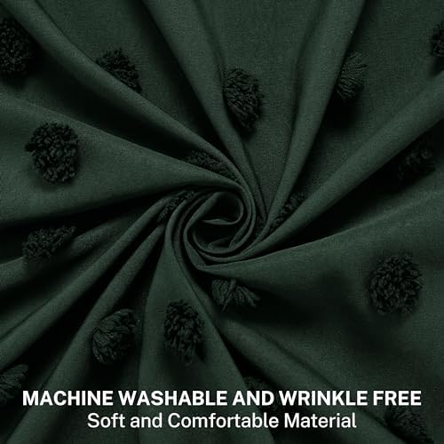 Extra Long Boho Farmhouse Shower Curtain Woven Fabric 84 Inch Dark Green Shower Curtain, 72 x 84 Tufted Pleat Floral Puffs Textured Modern Minimalist Hunter Green Shower Curtain Set for Bathroom