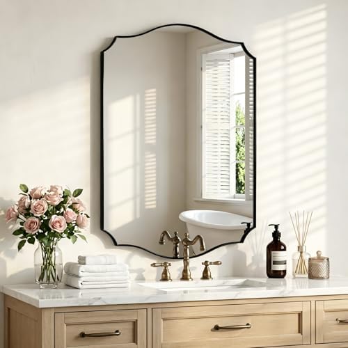 Black Vanity Wall Mirror 30"x22", Scalloped Edge Bathroom Mirror