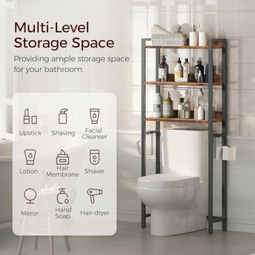 MAHANCRIS Over The Toilet Storage Rack, 3 Tier Bathroom Organizer Over Toilet, Freestanding Space Saver Toilet Stand with 2 Hooks, Bathroom Storage Shelf, Easy to Assemble, Rustic Brown TSHR6001